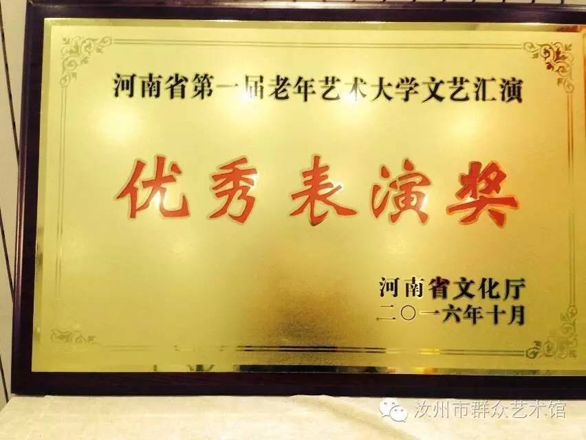 河南省第一届老年艺术大学文艺汇演 优秀表演奖  河南省文化厅 2016.10